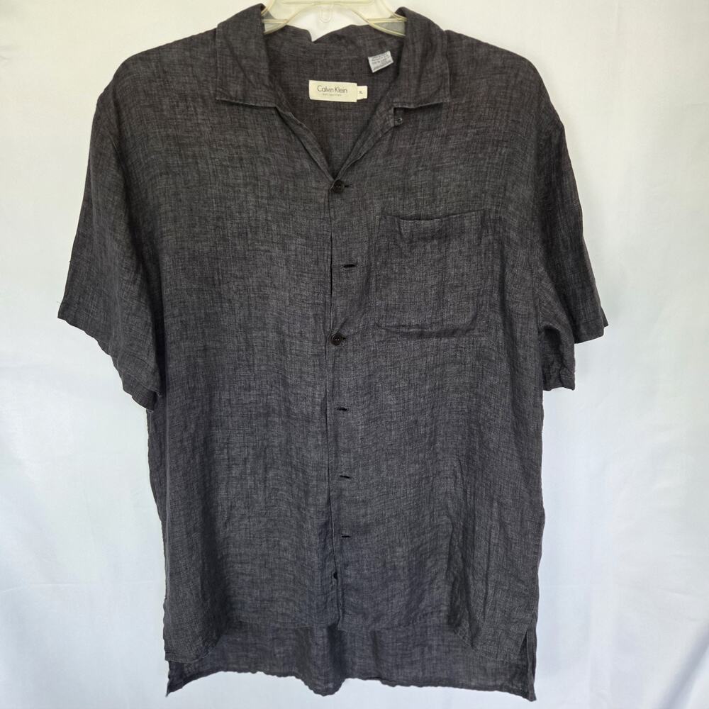 Calvin Klein Collection Mens XL 100% Linen Shirt Gray Made in Italy Short Sleeve